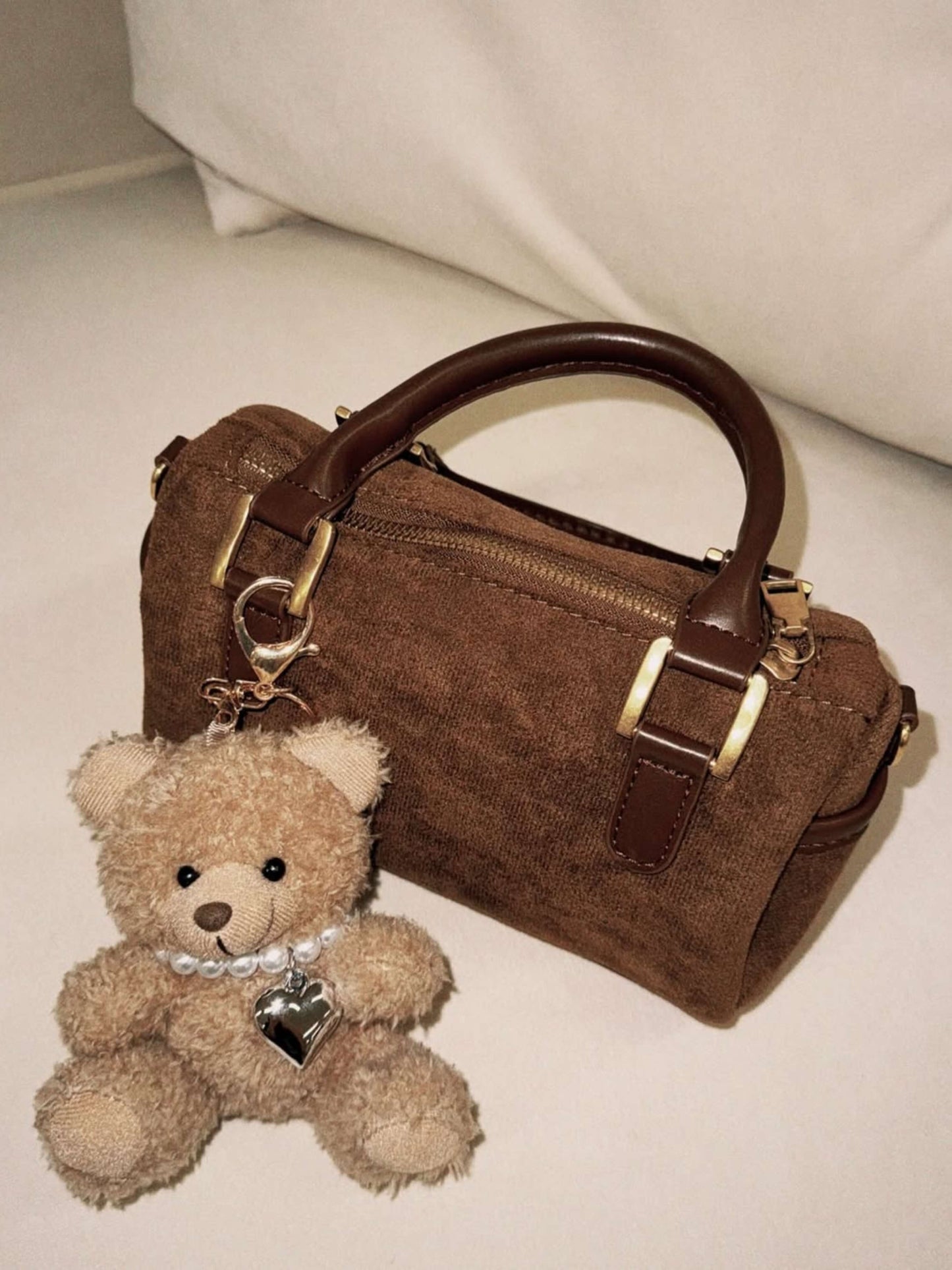 Drisella | Pearl Teddy Plush Bag Charm – Elegant, Cute & Timeless