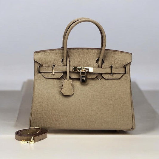 Isla | Khaki Genuine Leather Satchel – Minimal Luxury Work Bag with Gold Lock