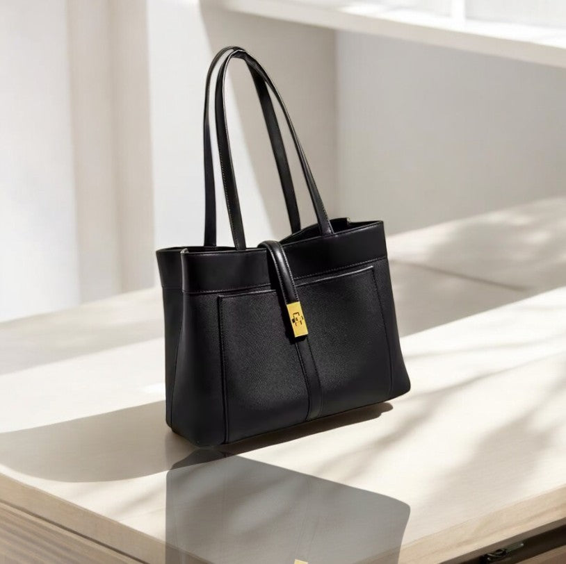 Livia | Elegant Black Leather Tote Bag for Women – Large Shoulder Bag with Gold Lock