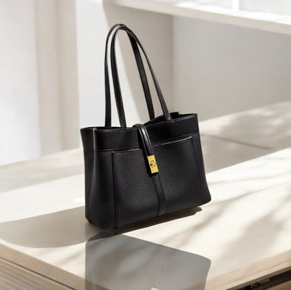 Livia | Elegant Black Leather Tote Bag for Women – Large Shoulder Bag with Gold Lock