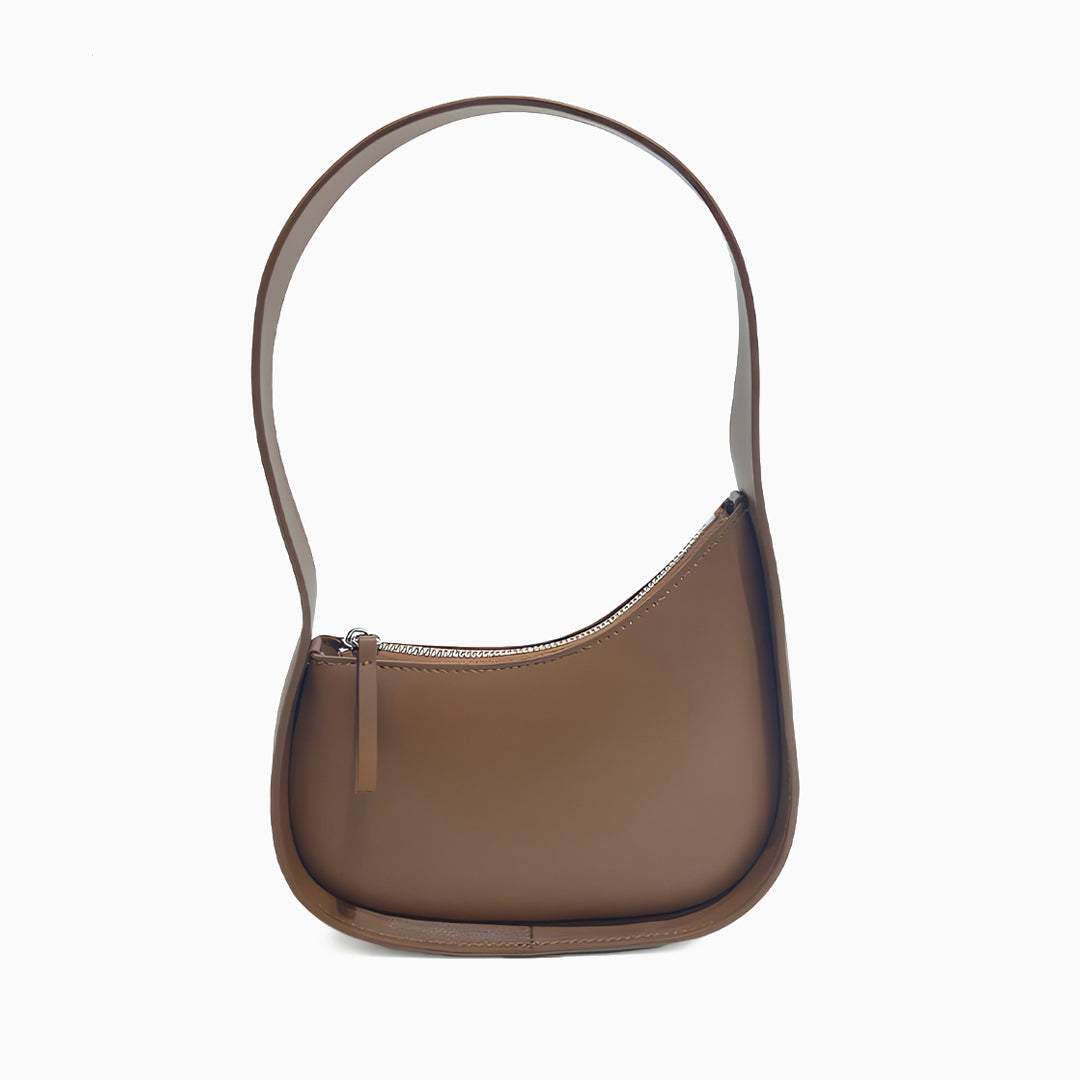 Curved Camel Leather Shoulder Bag for Women – Minimalist Everyday Style