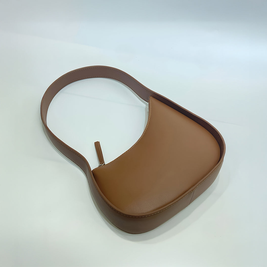 Curved Camel Leather Shoulder Bag for Women – Minimalist Everyday Style