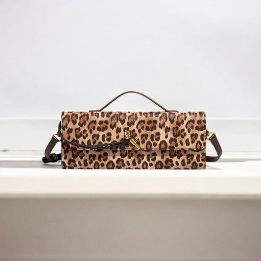 Aurora |  Leopard Print Crossbody Bag – Faux Leather Clutch with Gold Lock