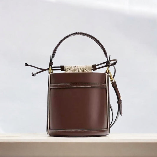 Lou | Brown Vegan Leather Bucket Bag with Drawstring Closure