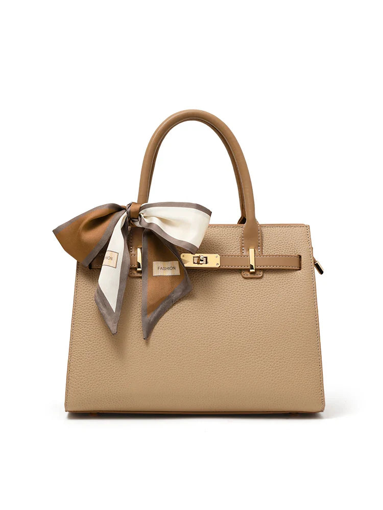 Charlotte | Beige Structured Handbag with Scarf – Elegant & Chic