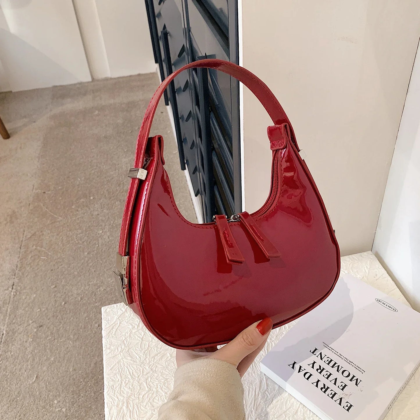 Lumi | Patent Leather Mini Hobo Bag – Glossy Finish & Curved Silhouette
