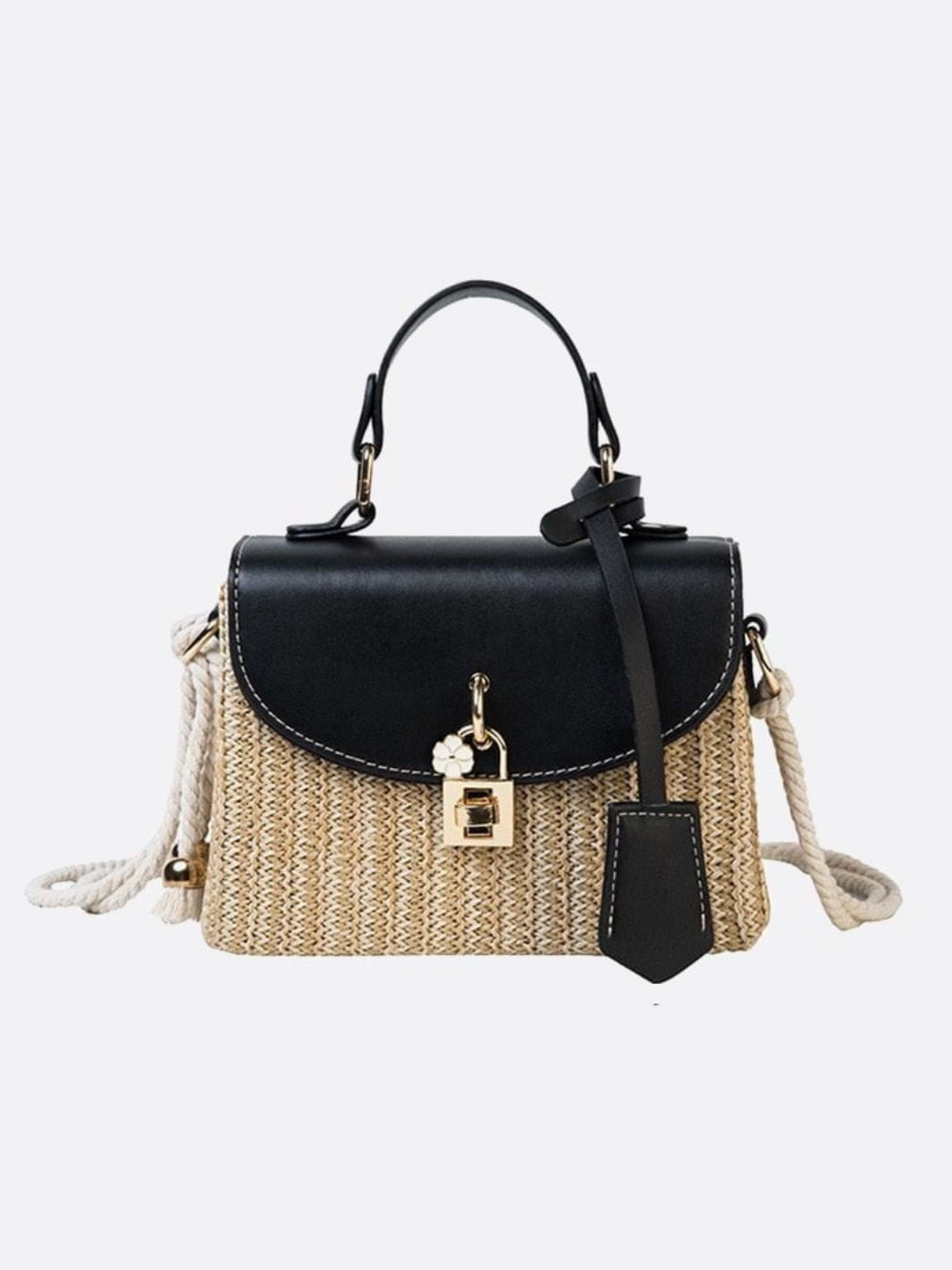 Structured Woven Handbag with Faux Leather Flap – Top Handle & Rope Strap