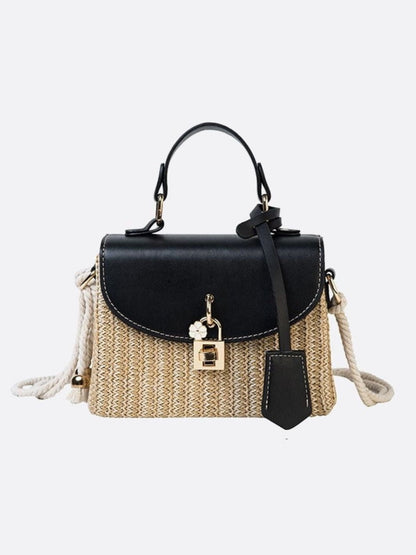 Structured Woven Handbag with Faux Leather Flap – Top Handle & Rope Strap