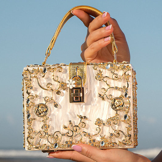 Luxury Gold Embellished Acrylic Evening Clutch Bag – Designer Box Purse for Weddings & Special Occasions