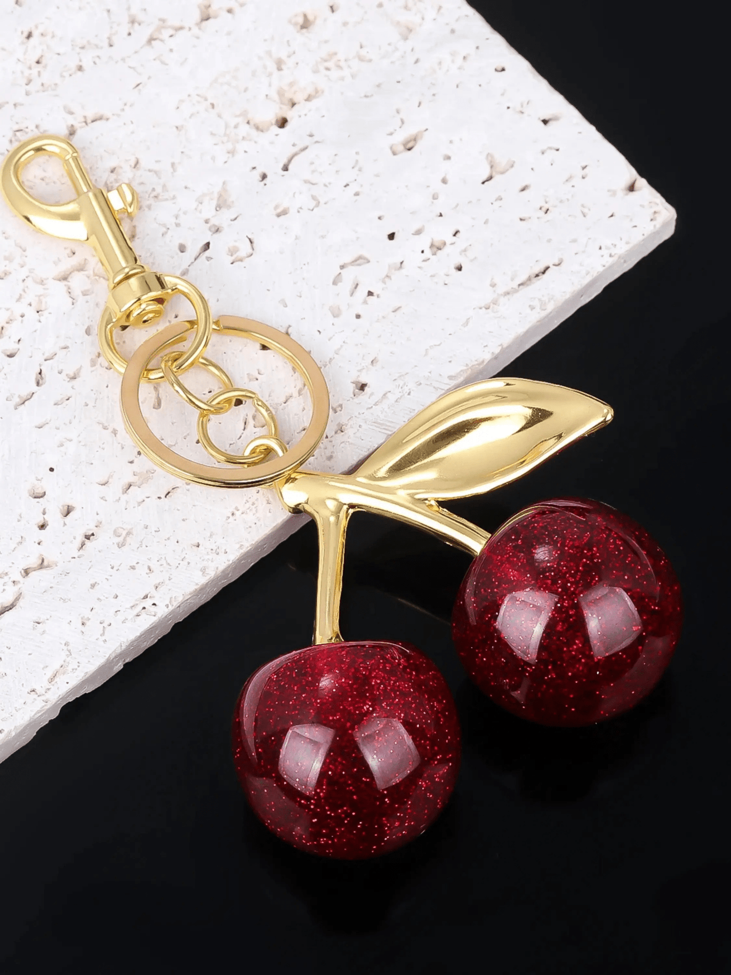 Ruby | Glitter Cherry Gold Keychain – Sparkling Elegance