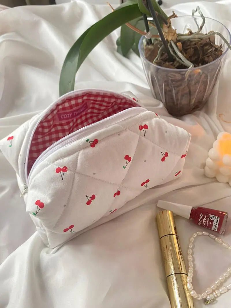 Selmara | Quilted Cherry Print Cosmetic Bag – Playful & Practical