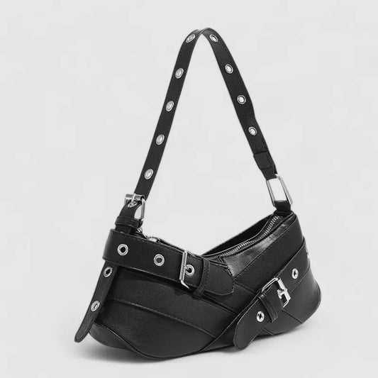 Riley | Black Buckle Strap Shoulder Bag – Bold & Trendy