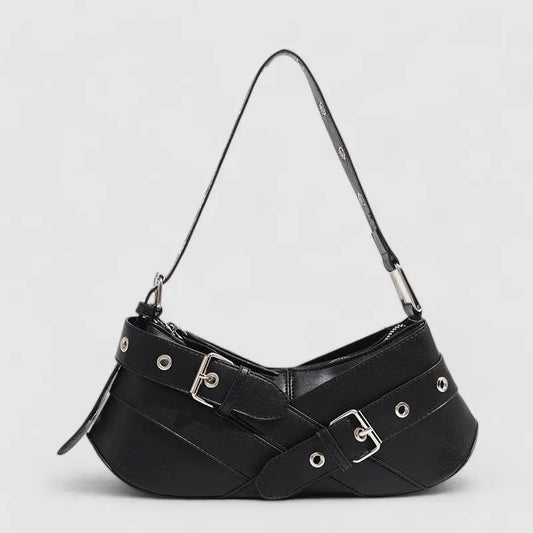 Riley | Black Buckle Strap Shoulder Bag – Bold & Trendy