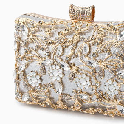 Florence | Gold Floral Crystal Embellished Evening Clutch – Opulent Elegance