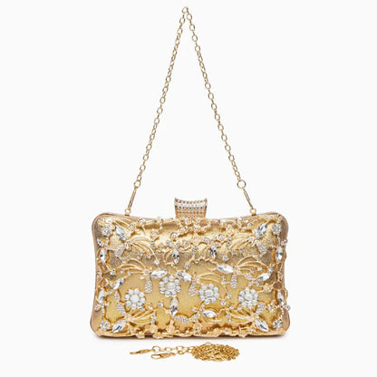 Florence | Gold Floral Crystal Embellished Evening Clutch – Opulent Elegance