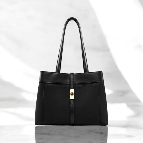 Livia | Elegant Black Leather Tote Bag for Women – Large Shoulder Bag with Gold Lock