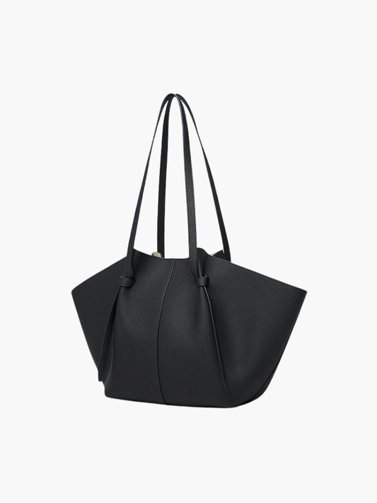 Ava | Black Leather Tote Bag with Pouch – Minimalist & Functional
