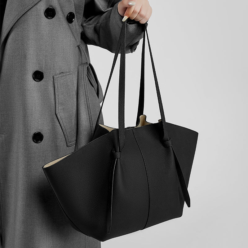 Ava | Black Leather Tote Bag with Pouch – Minimalist & Functional