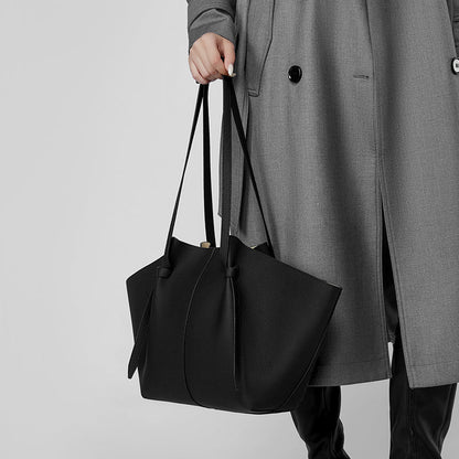 Ava | Black Leather Tote Bag with Pouch – Minimalist & Functional