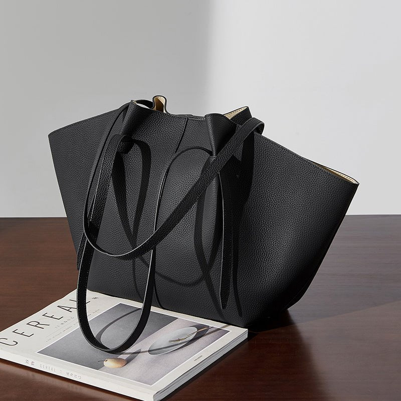 Ava | Black Leather Tote Bag with Pouch – Minimalist & Functional