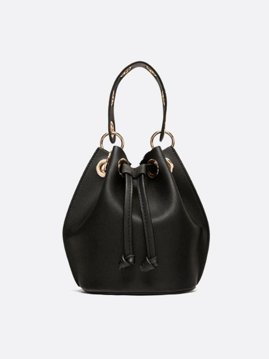 Mini Black Bucket Bag – Drawstring Faux Leather Handbag