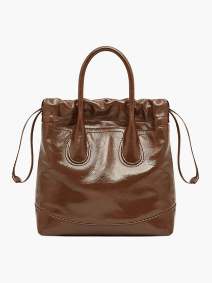 Maelora | Glossy Black Leather Drawstring Bag – Chic & Modern