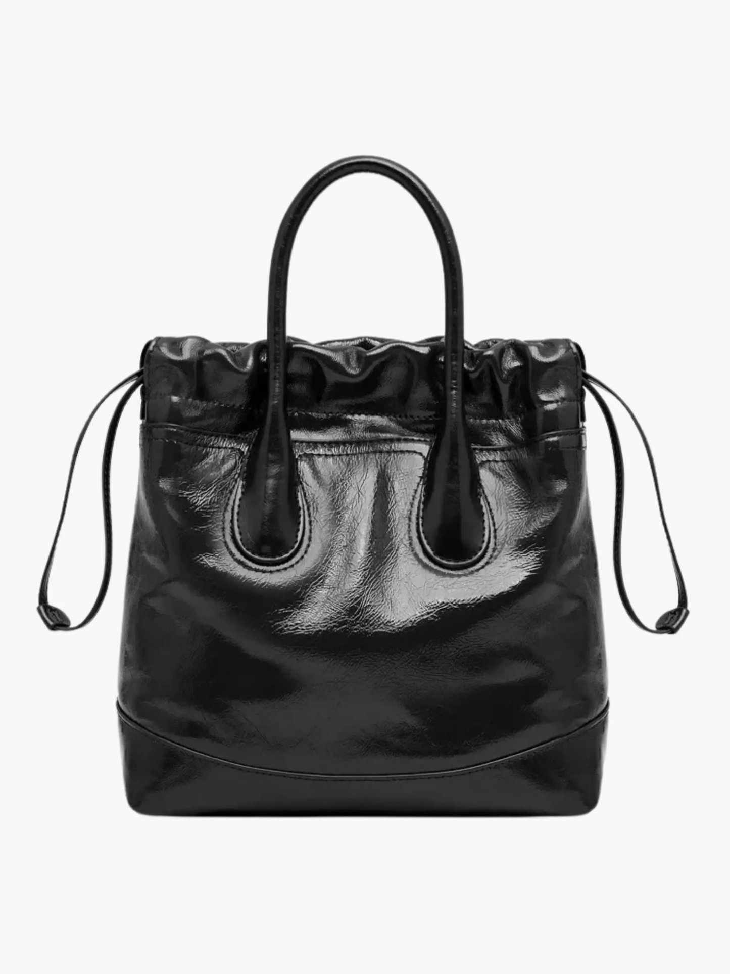 Maelora | Glossy Black Leather Drawstring Bag – Chic & Modern