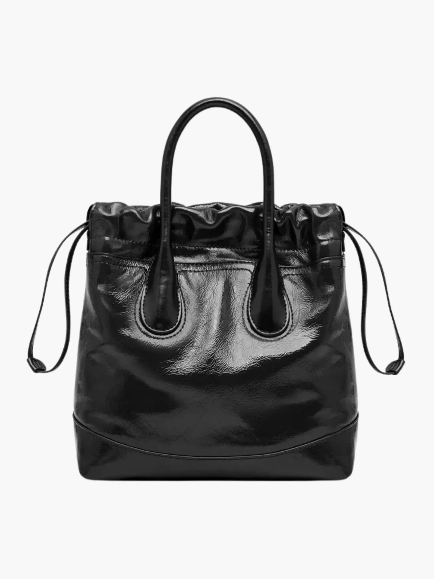 Maelora | Glossy Black Leather Drawstring Bag – Chic & Modern