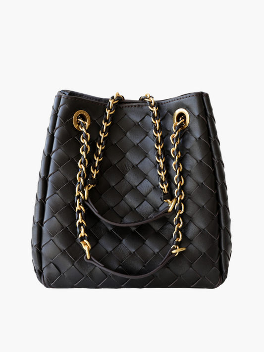 Sorelle | Black Woven Leather Chain Tote – Bold & Elegant
