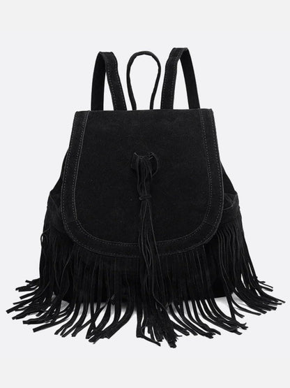 Savannah Fringe Backpack – Suede-Effect Drawstring Rucksack with Boho Tassels