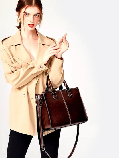 Vintage-Style Camel Leather Tote Bag – Professional & Timeless