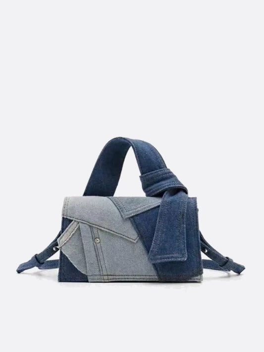 Rebel Denim Patchwork Bag – Jean-Inspired Handbag with Top Handle & Tie Detail