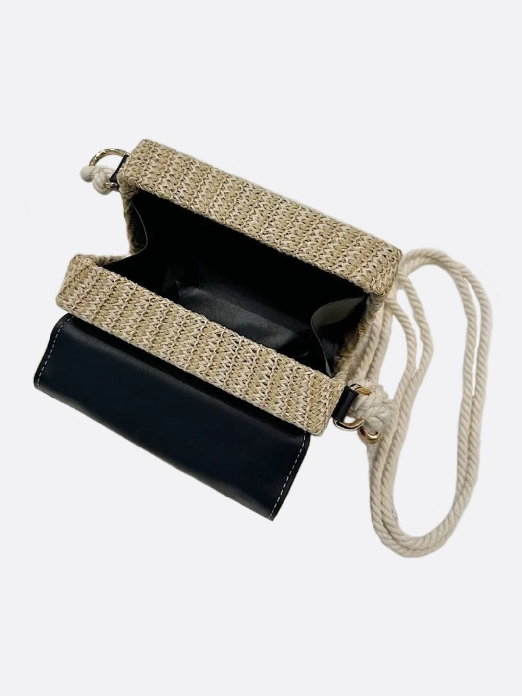 Structured Woven Handbag with Faux Leather Flap – Top Handle & Rope Strap