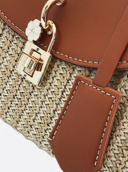 Structured Woven Handbag with Faux Leather Flap – Top Handle & Rope Strap