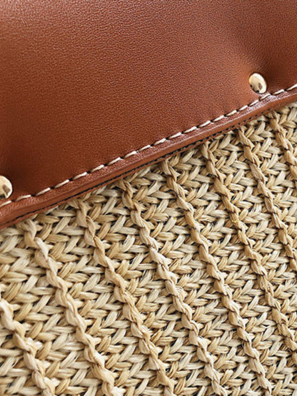 Structured Woven Handbag with Faux Leather Flap – Top Handle & Rope Strap