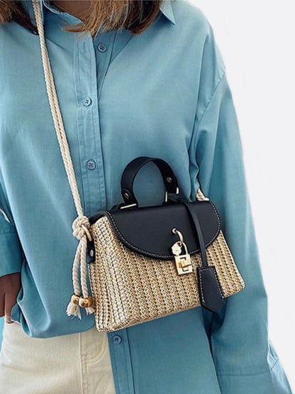 Structured Woven Handbag with Faux Leather Flap – Top Handle & Rope Strap