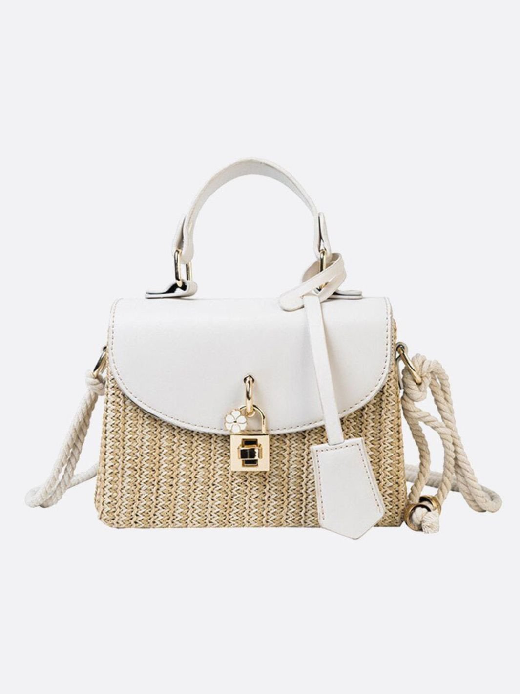 Structured Woven Handbag with Faux Leather Flap – Top Handle & Rope Strap