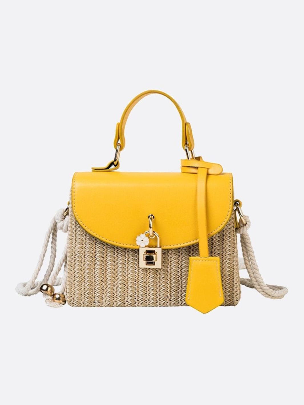 Structured Woven Handbag with Faux Leather Flap – Top Handle & Rope Strap