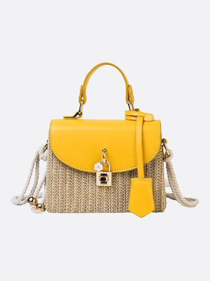 Structured Woven Handbag with Faux Leather Flap – Top Handle & Rope Strap