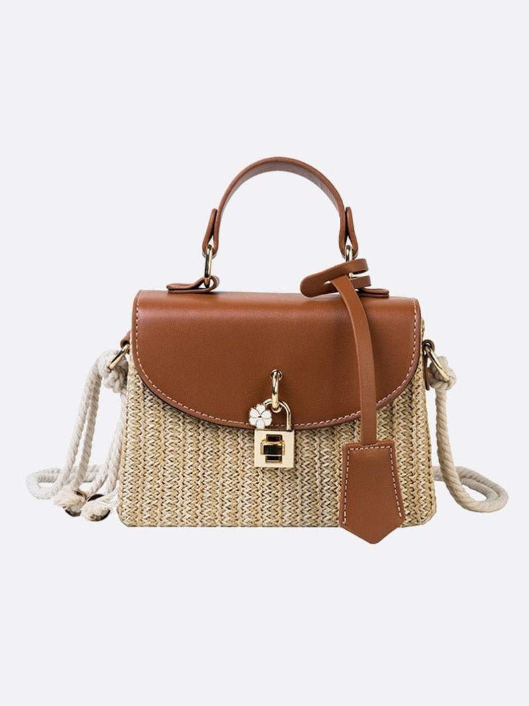 Structured Woven Handbag with Faux Leather Flap – Top Handle & Rope Strap