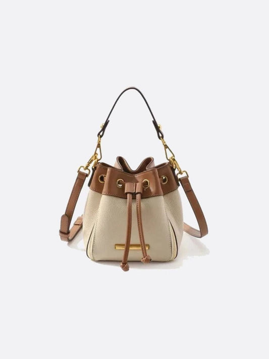 Beige & Brown Drawstring Bucket Bag – Two-Tone Faux Leather Handbag