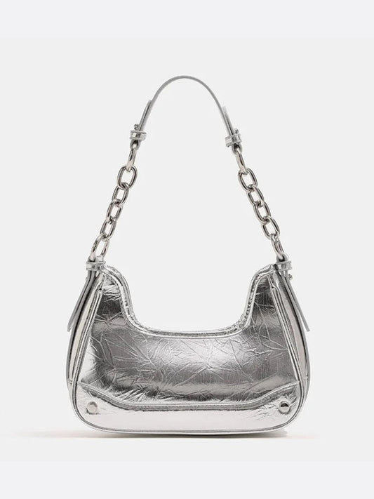 Baguette bag with chain strap and metallic finish