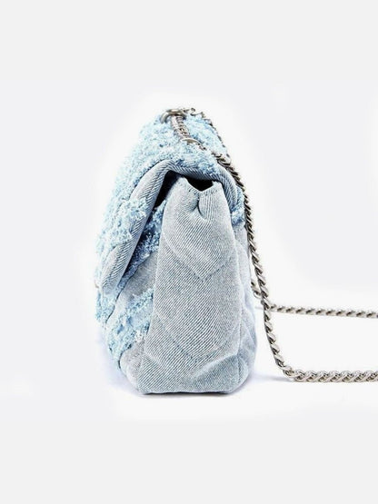 Nova Denim Chevron Crossbody – Frayed Jean Shoulder Bag with Chain Strap