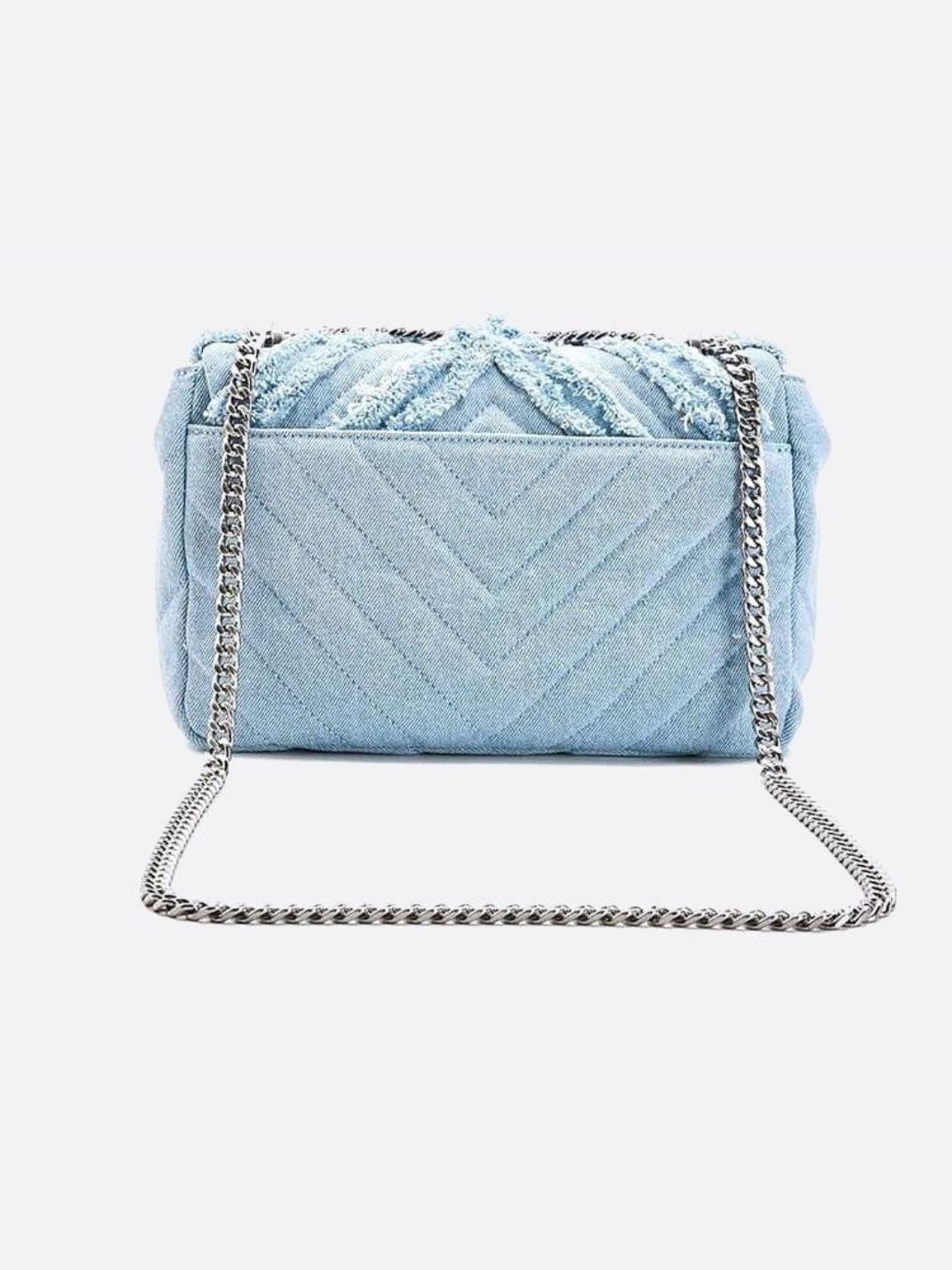 Nova Denim Chevron Crossbody – Frayed Jean Shoulder Bag with Chain Strap