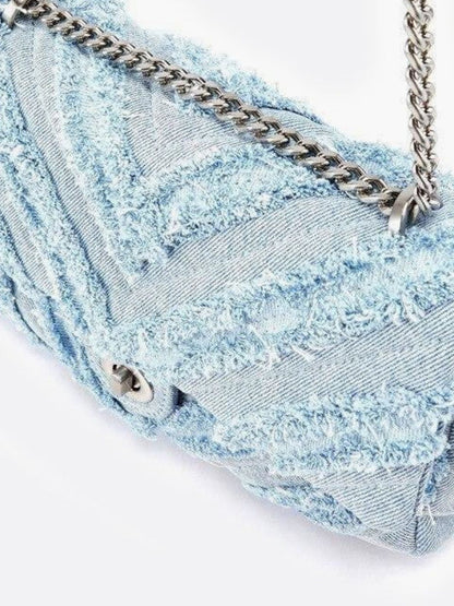 Nova Denim Chevron Crossbody – Frayed Jean Shoulder Bag with Chain Strap