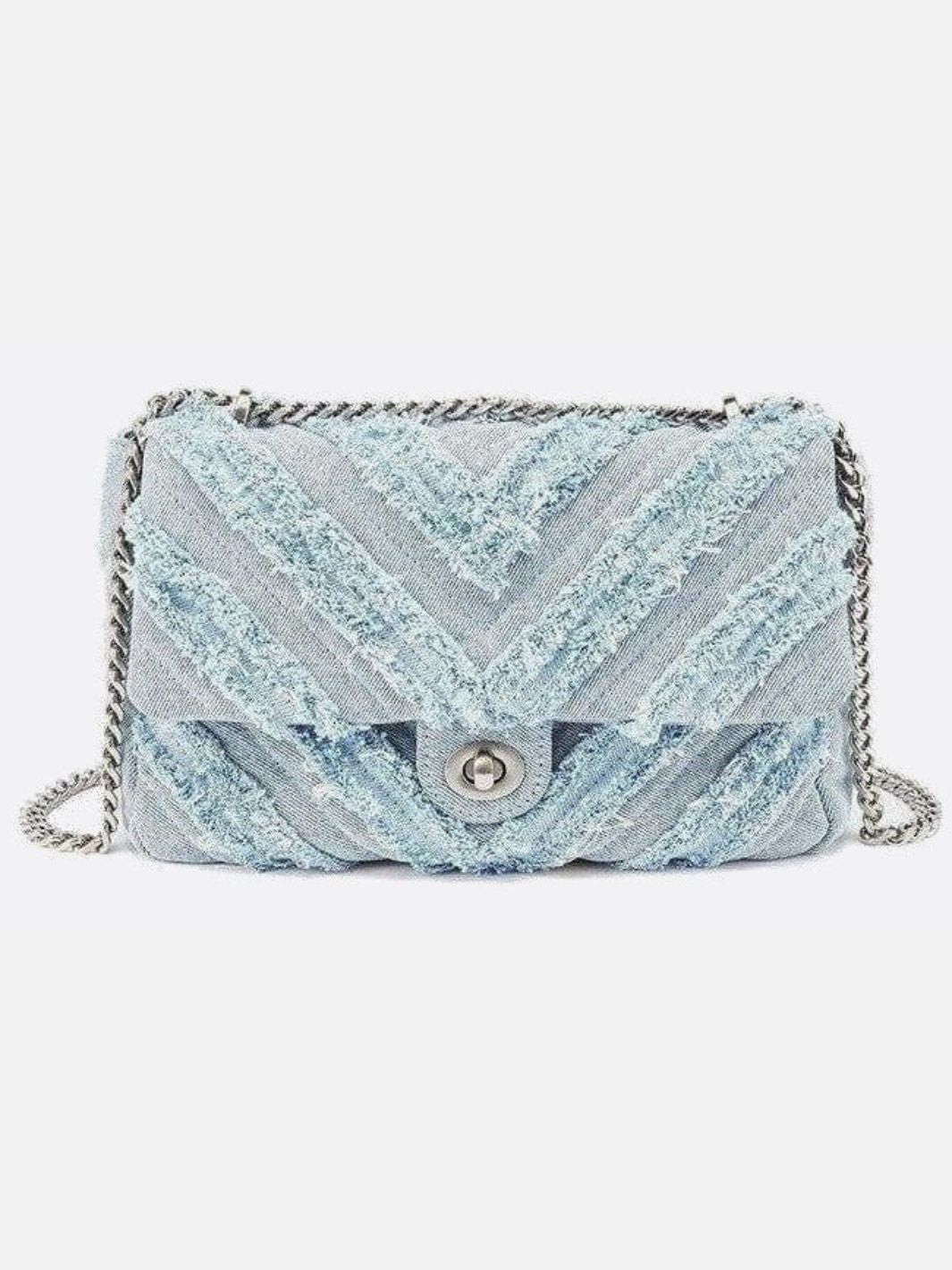 Nova Denim Chevron Crossbody – Frayed Jean Shoulder Bag with Chain Strap