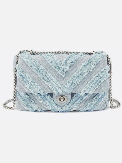 Nova Denim Chevron Crossbody – Frayed Jean Shoulder Bag with Chain Strap