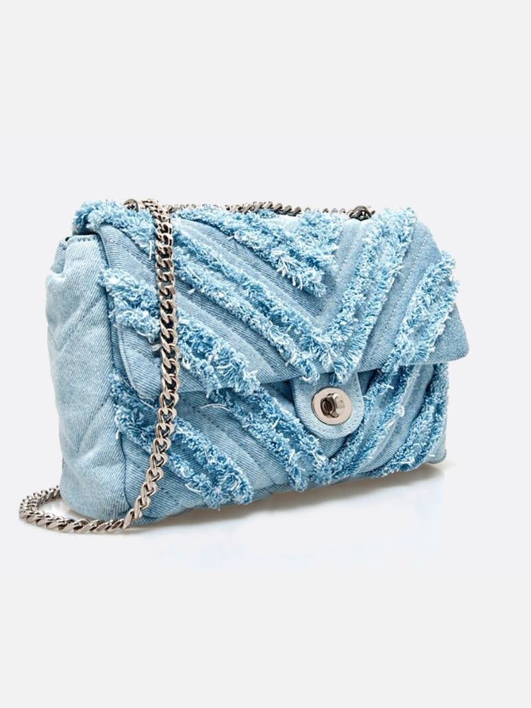 Nova Denim Chevron Crossbody – Frayed Jean Shoulder Bag with Chain Strap