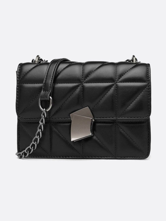 Geometric Clasp Quilted Crossbody Bag – Black Faux Leather Shoulder Bag