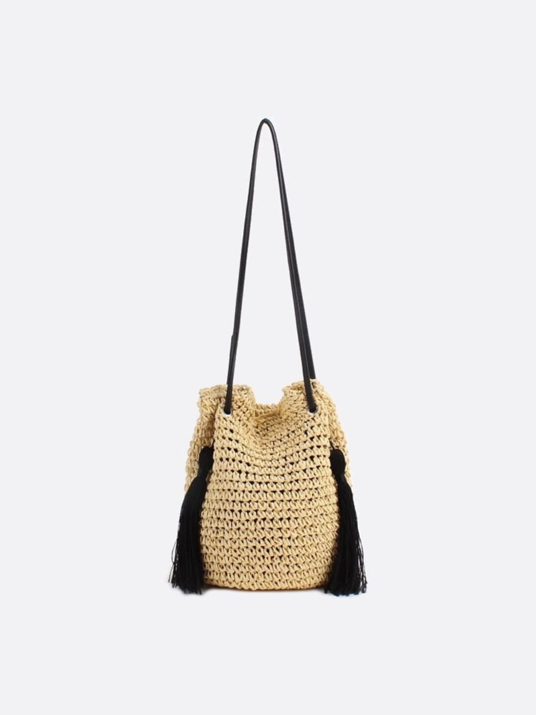 Woven Drawstring Bucket Bag with Tassels